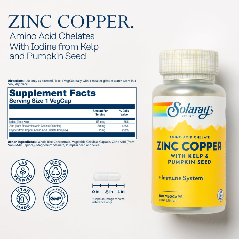 SOLARAY zinc copper amino acid chelate capsules closeup for easy daily wellness