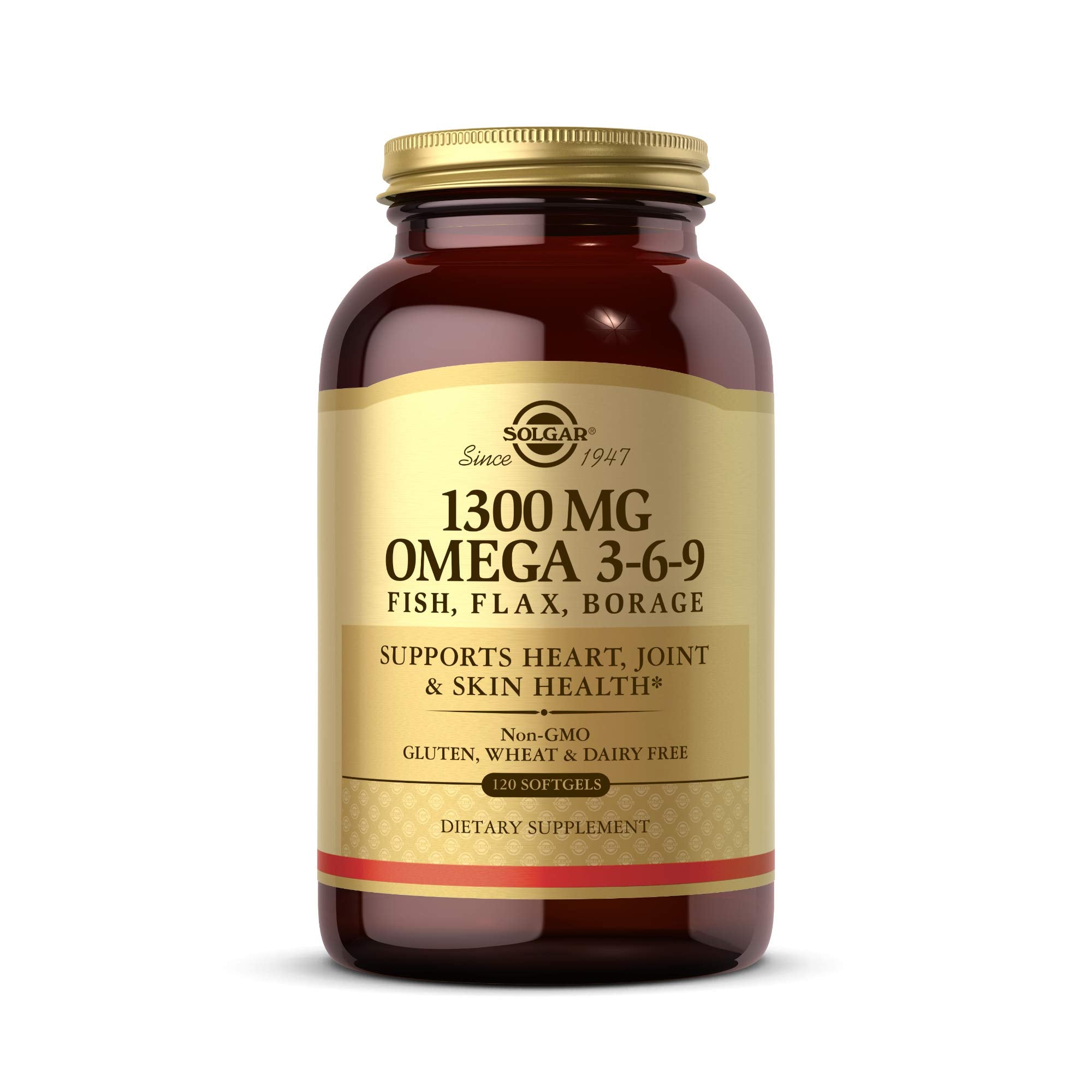 Solgar 1300 mg Omega 3-6-9 bottle front supports daily wellness.