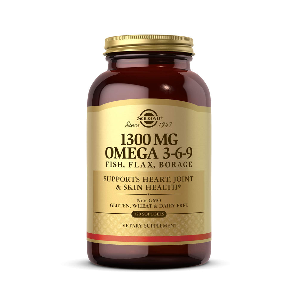 Solgar 1300 mg Omega 3-6-9 bottle front supports daily wellness.