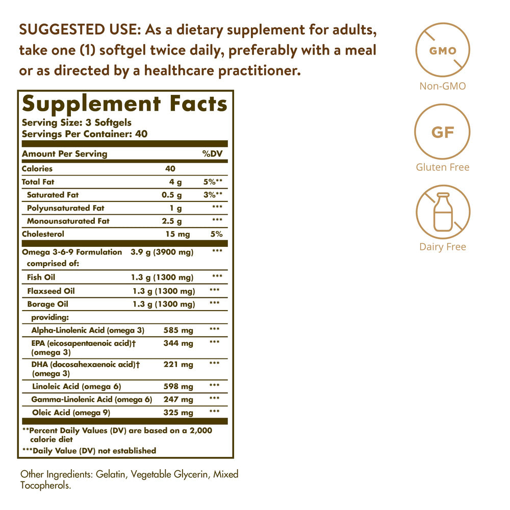 Solgar 1300mg Omega-3-6-9 softgels closeup for easy daily intake.