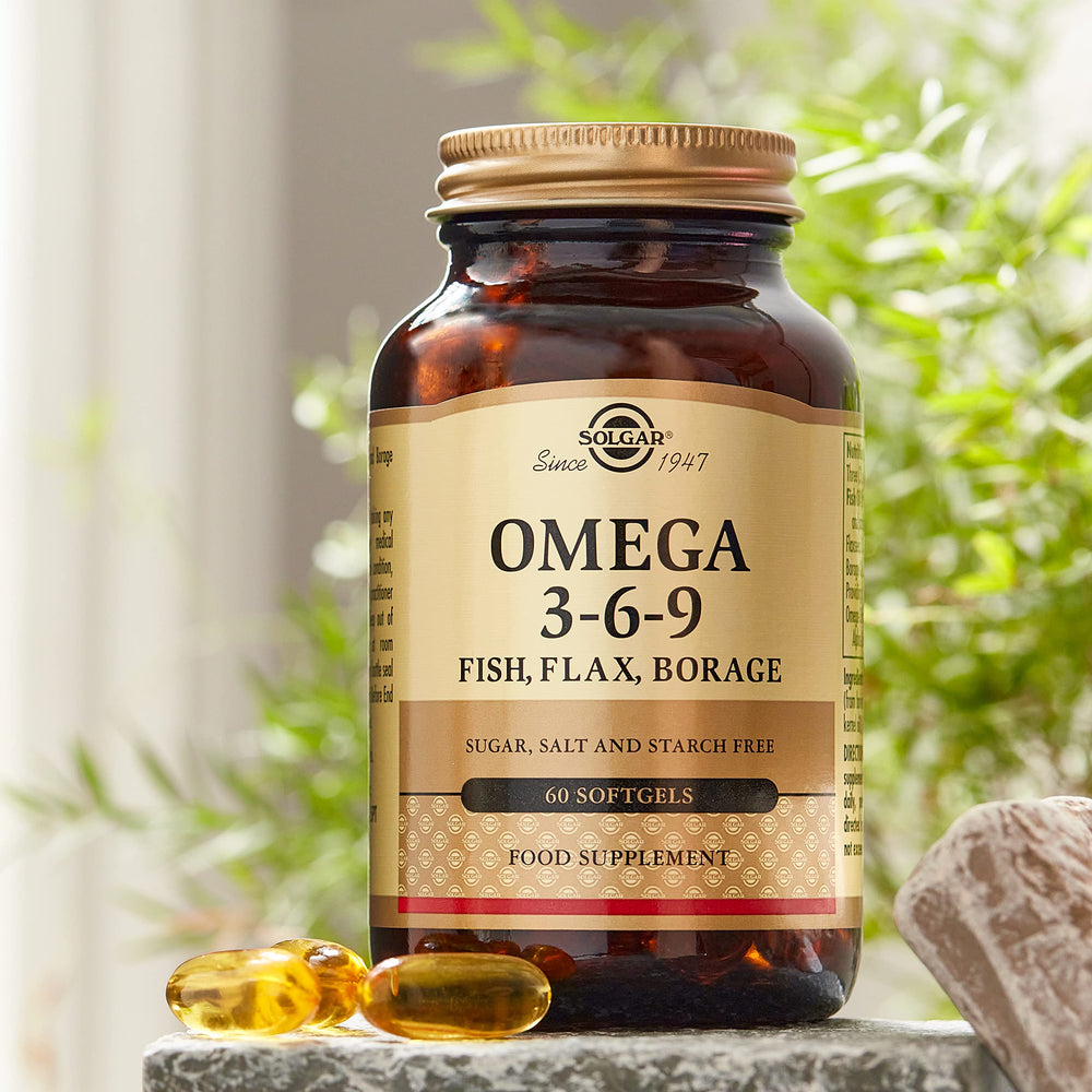 Solgar softgels pour image shows easy daily intake for balanced fats