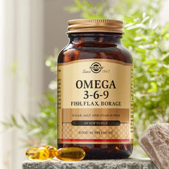 Solgar softgels pour image shows easy daily intake for balanced fats