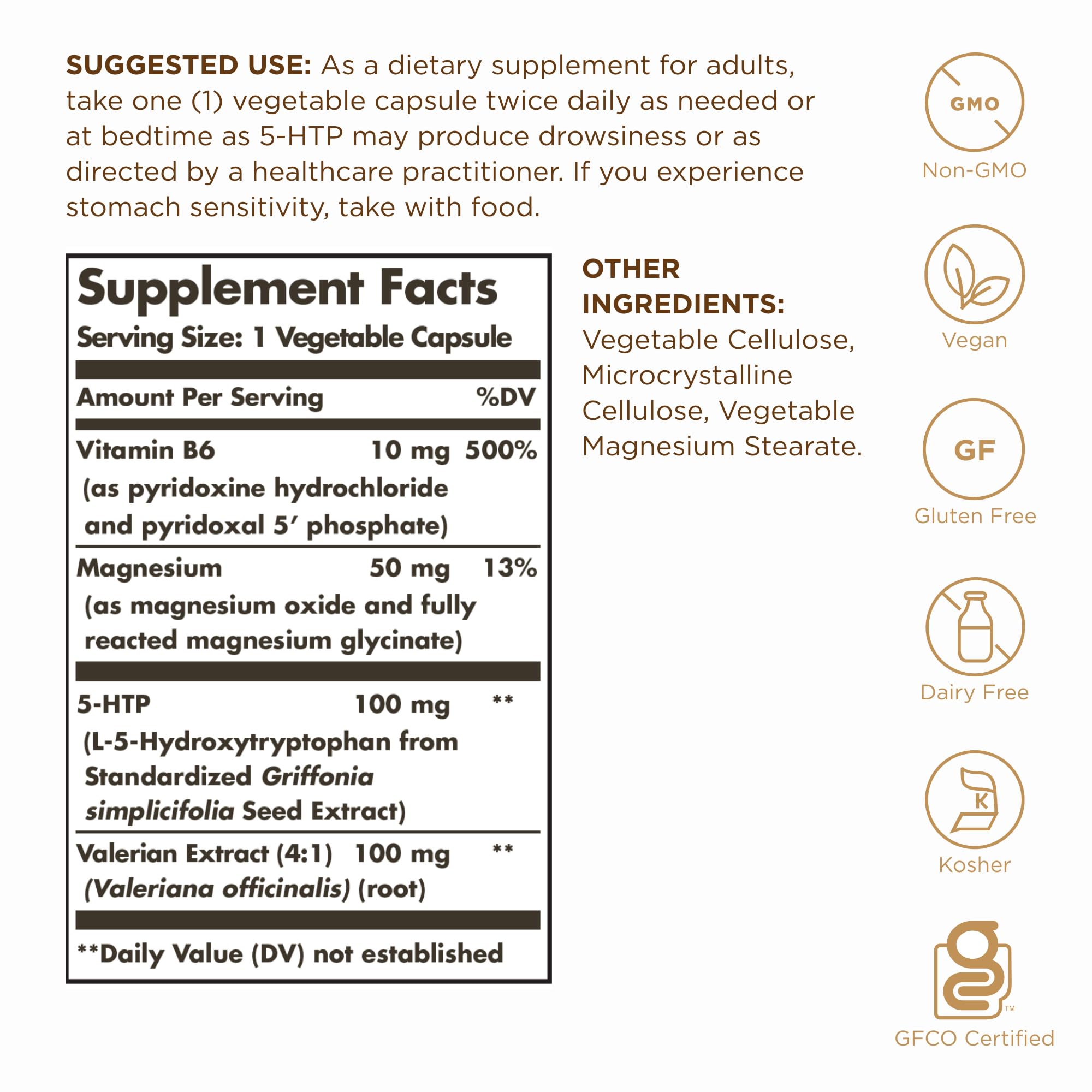 Solgar 5-HTP capsules close-up highlighting vegan formulation