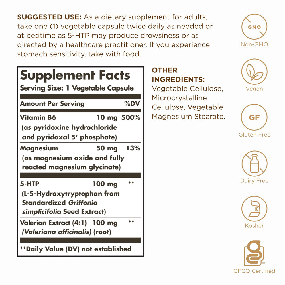Solgar 5-HTP capsules close-up highlighting vegan formulation