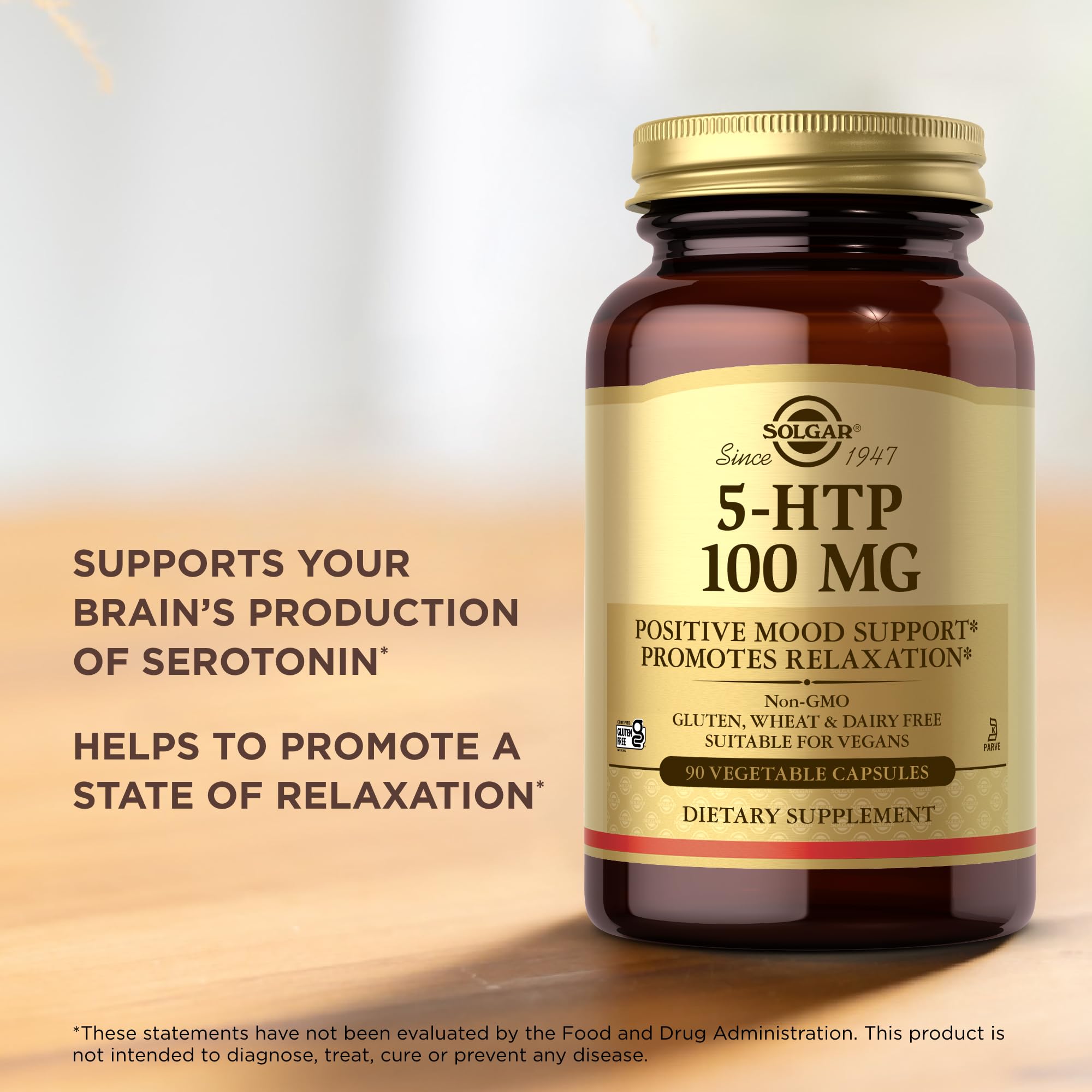 Solgar 5-HTP vegan kosher icons on the label