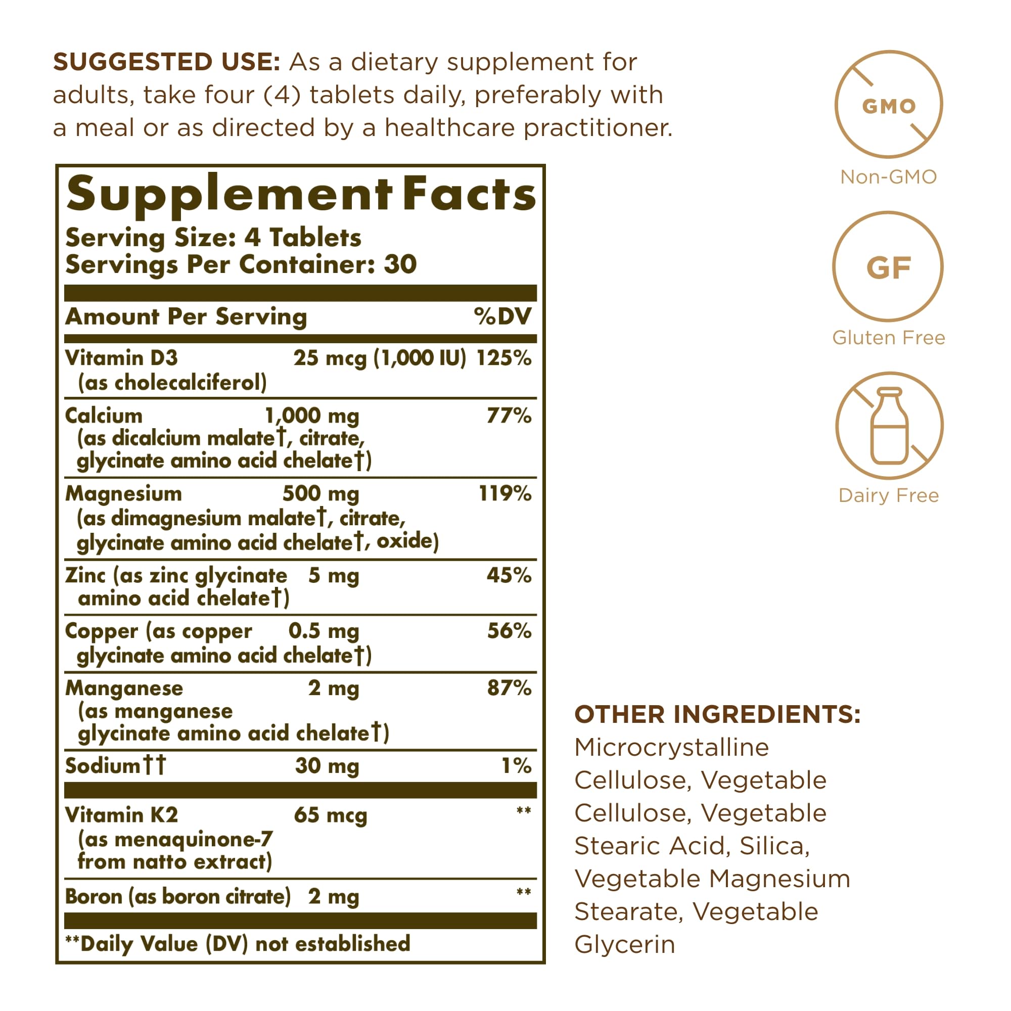 Solgar Advanced Calcium Complex bottle back label highlighting D3, K2, and zinc for bone health
