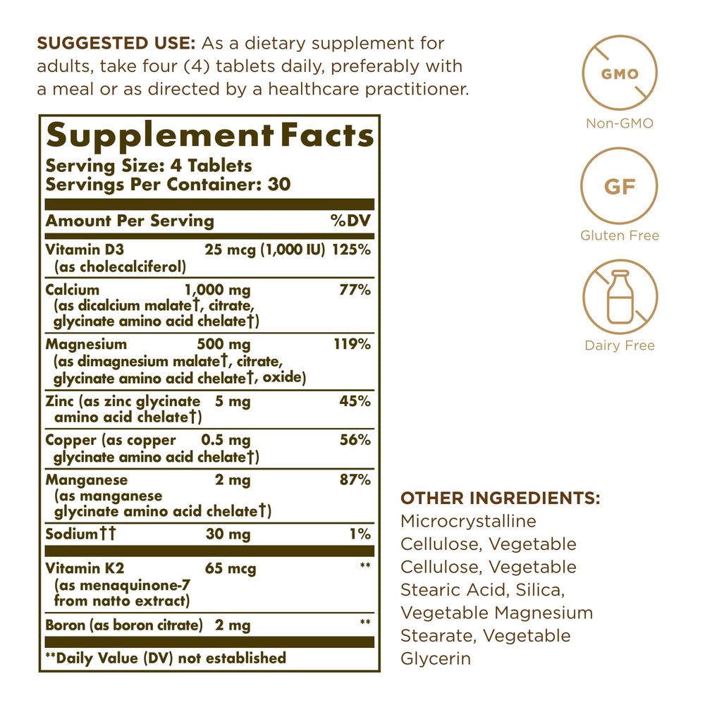 Solgar Advanced Calcium Complex bottle back label highlighting D3, K2, and zinc for bone health
