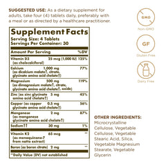 Solgar Advanced Calcium Complex bottle back label highlighting D3, K2, and zinc for bone health