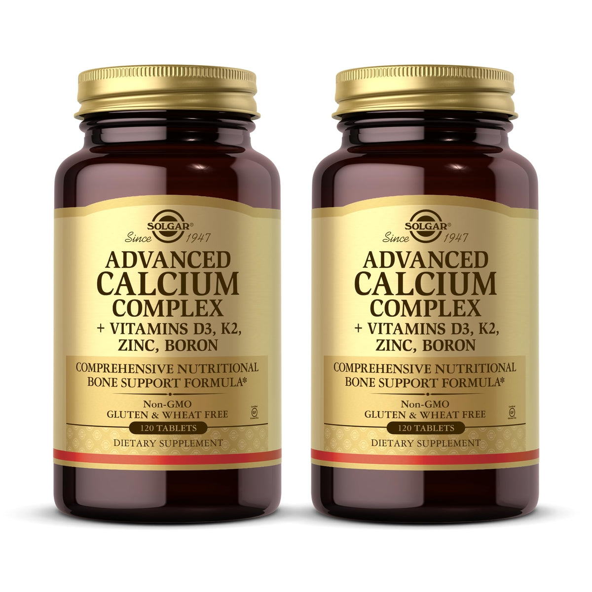 Solgar Advanced Calcium Complex bottle front shows label indicating non-GMO and gluten-free formula for bone support.