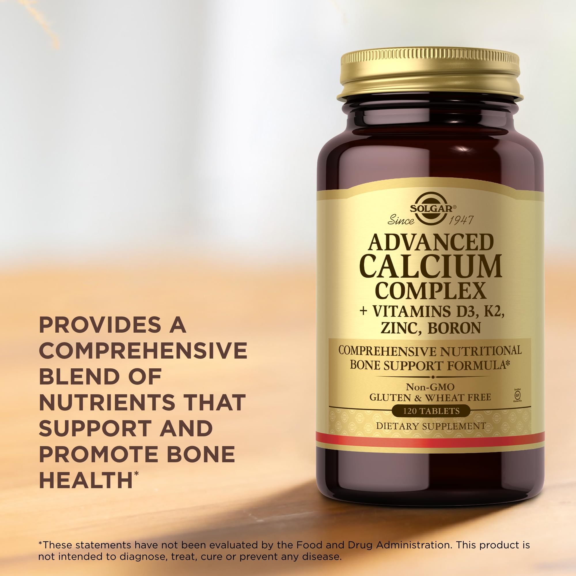 Solgar Advanced Calcium Complex tablets with a glass of water to illustrate daily intake.