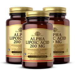 Solgar Alpha Lipoic Acid 200 mg bottle front; daily antioxidant support in a vegan capsule.