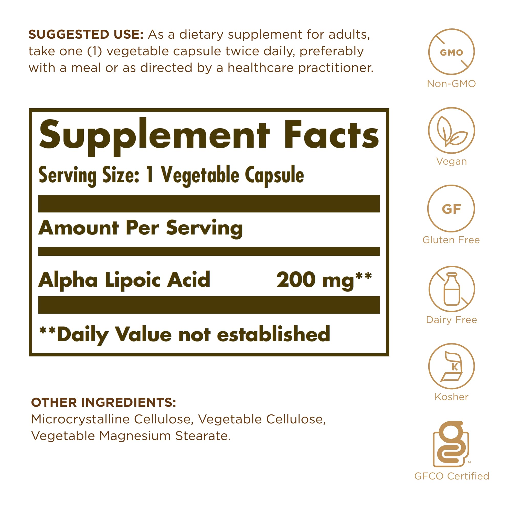 Solgar Alpha Lipoic Acid 200 mg capsules close-up; convenient daily vegan capsules for routine.