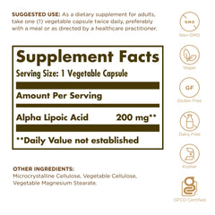 Solgar Alpha Lipoic Acid 200 mg capsules close-up; convenient daily vegan capsules for routine.
