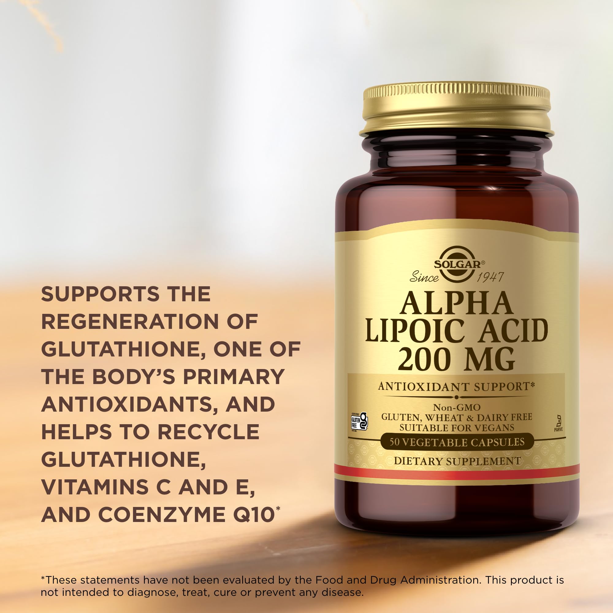 Solgar Alpha Lipoic Acid 200 mg label shows vegan, non-GMO, gluten-free attributes for clean nutrition.
