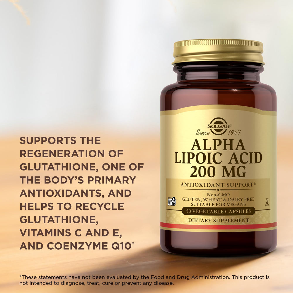 Solgar Alpha Lipoic Acid 200 mg label shows vegan, non-GMO, gluten-free attributes for clean nutrition.