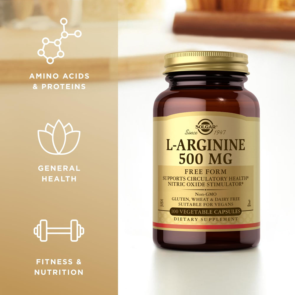 Solgar L-Arginine bottle on countertop ready for daily supplement routine