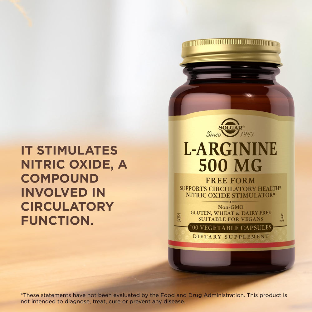 Solgar L-Arginine capsules in hand illustrating convenient, travel-friendly packaging