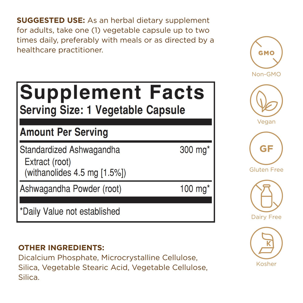 Solgar Ashwagandha capsules close-up for daily wellness support.