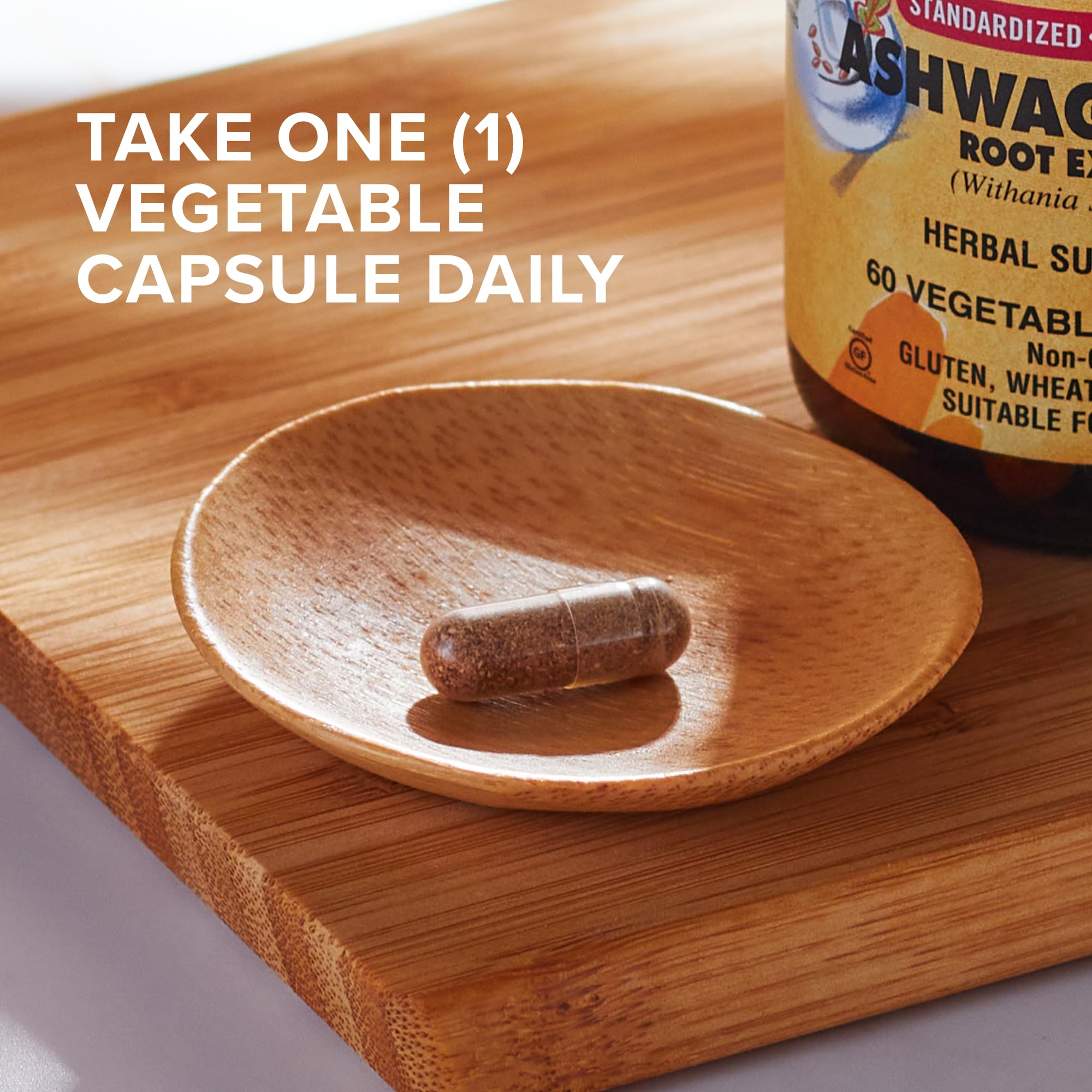 Solgar Ashwagandha label packaging communicates vegan, non-GMO purity.