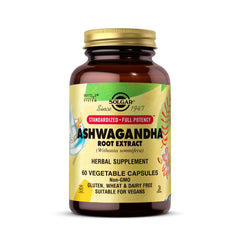 Solgar Ashwagandha bottle with standardized root extract supports calm energy.