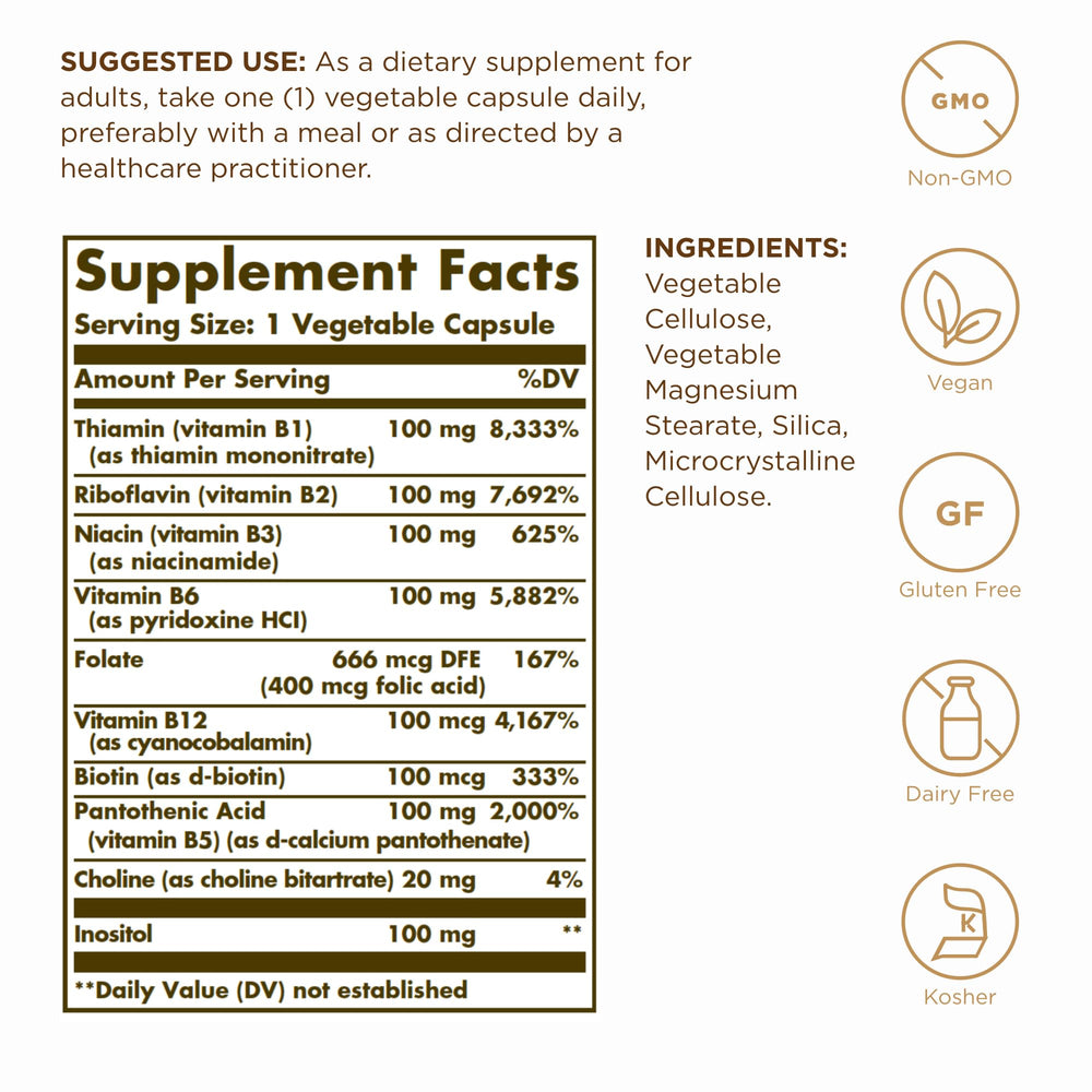 Solgar B-Complex 100 bottle front showing vegan, non-GMO formulation for nervous system support.