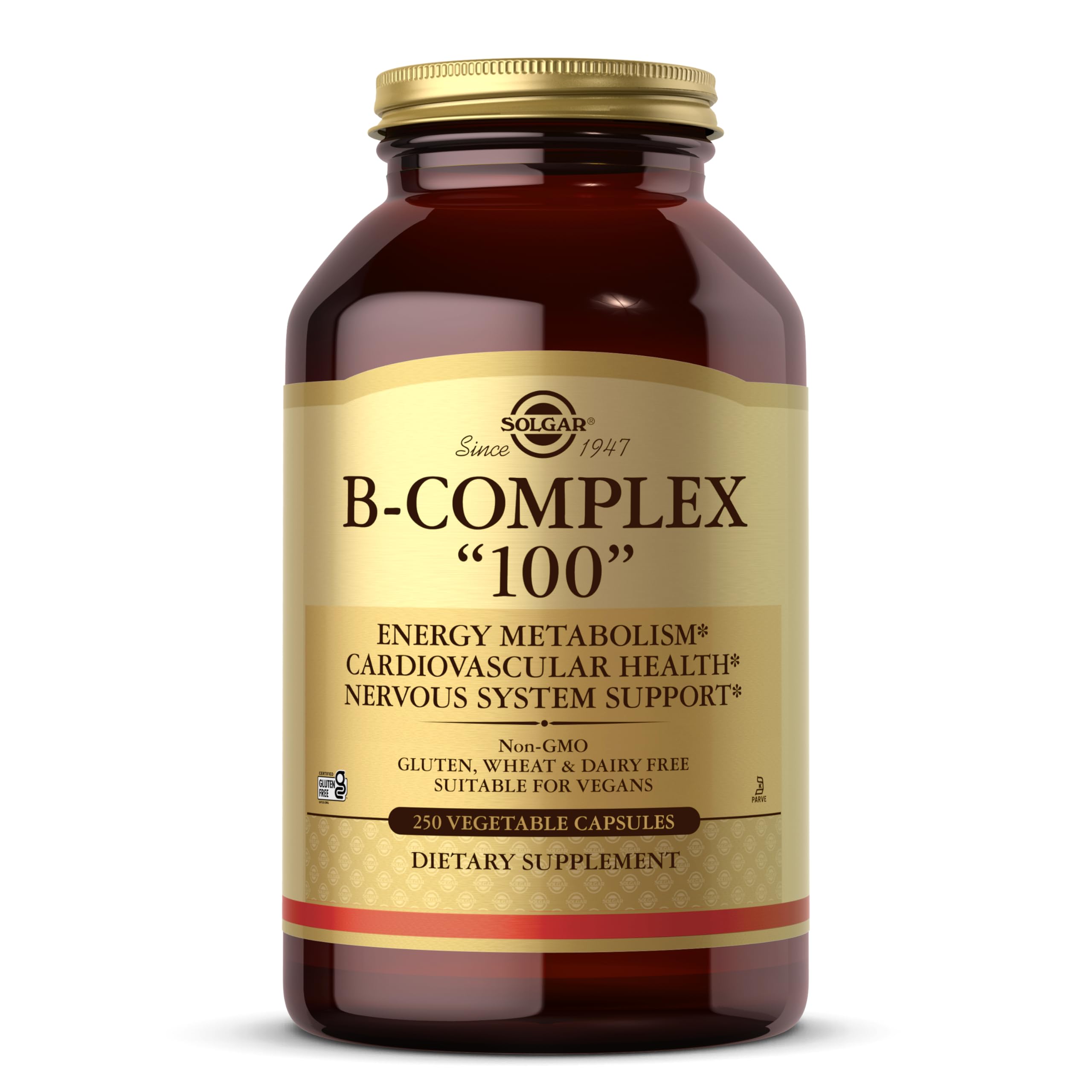 Solgar B-Complex 100 bottle pour showing energy metabolism support in vegan formula.