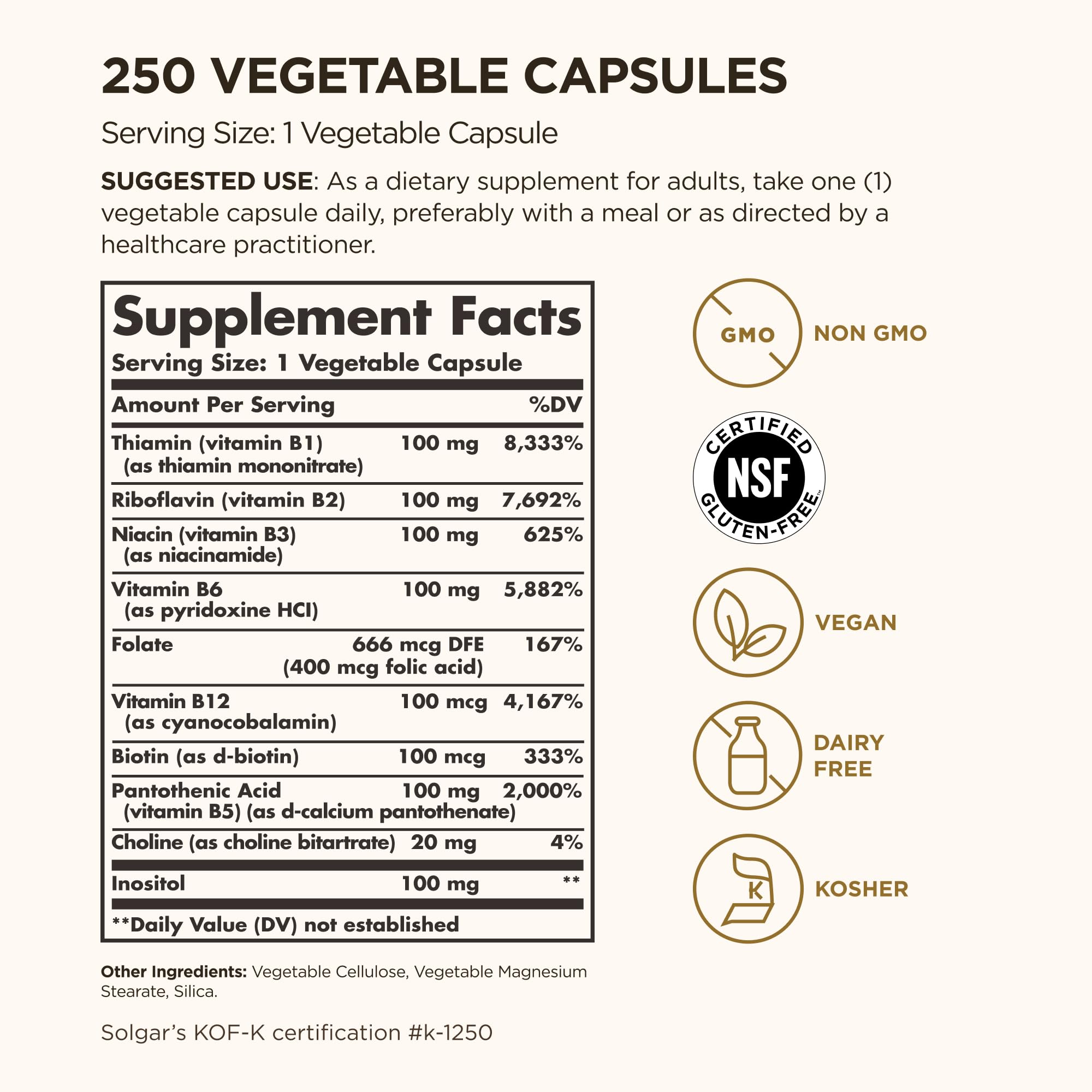 Solgar B-Complex 100 capsules closeup highlighting vegan non-GMO formula.