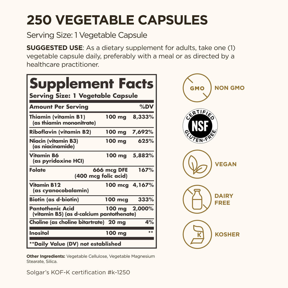 Solgar B-Complex 100 capsules closeup highlighting vegan non-GMO formula.