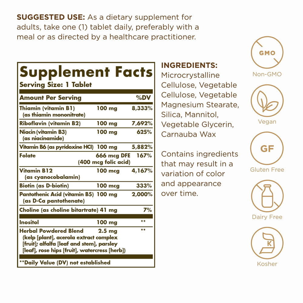 Solgar B-Complex 100 capsules highlight vegan, non-GMO formula for heart and nerves