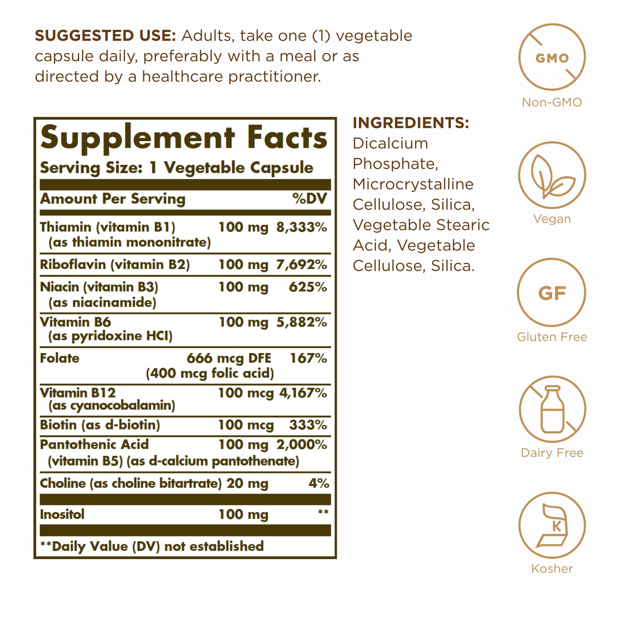 Solgar B-Complex 100 capsules; convenient daily vitamin for nervous system support.