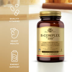 Solgar B-Complex 100 label closeup highlighting vegan, gluten-free, and kosher attributes.