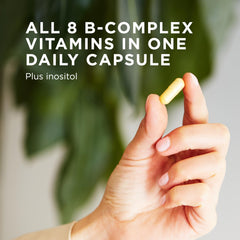Solgar B-Complex 100 label nutrition highlights essential B vitamins.