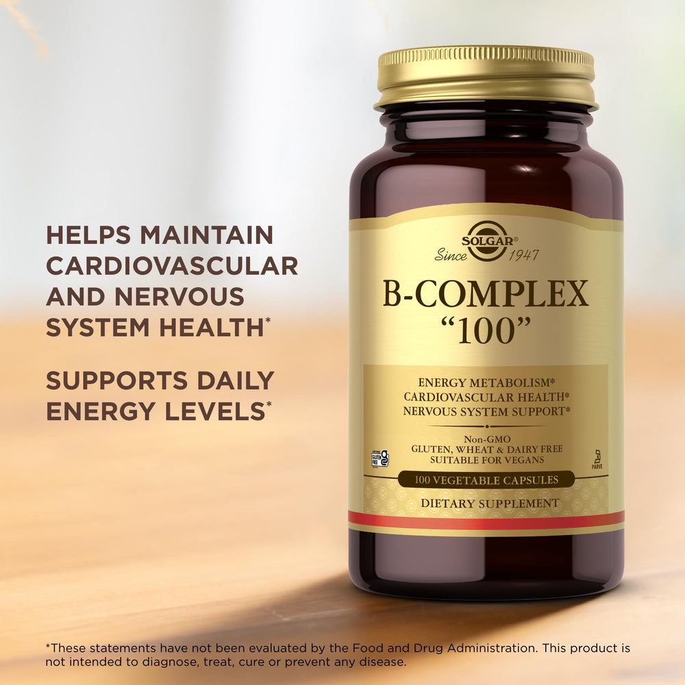 Solgar B-Complex 100 nutrition label; highlights non-GMO, vegan and gluten-free features.