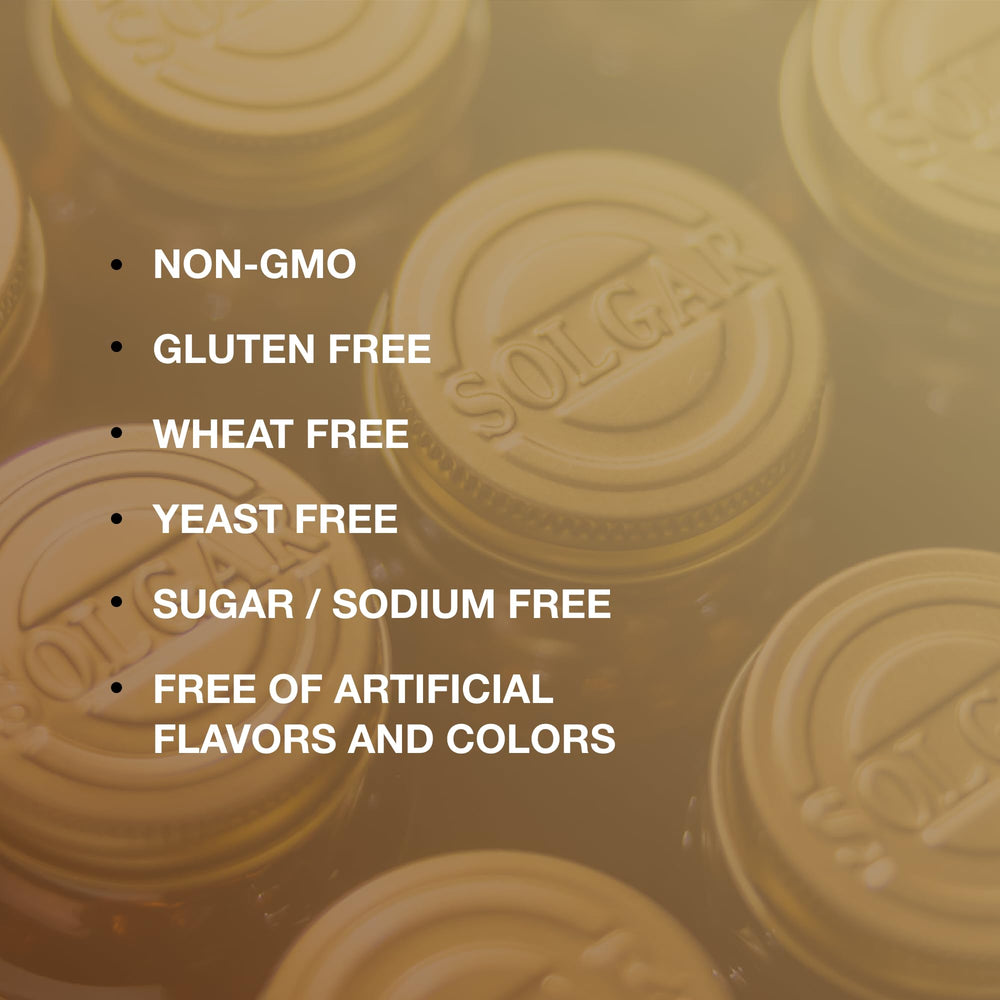 Solgar B-Complex 100 nutrition facts panel detailing serving size and vitamins.