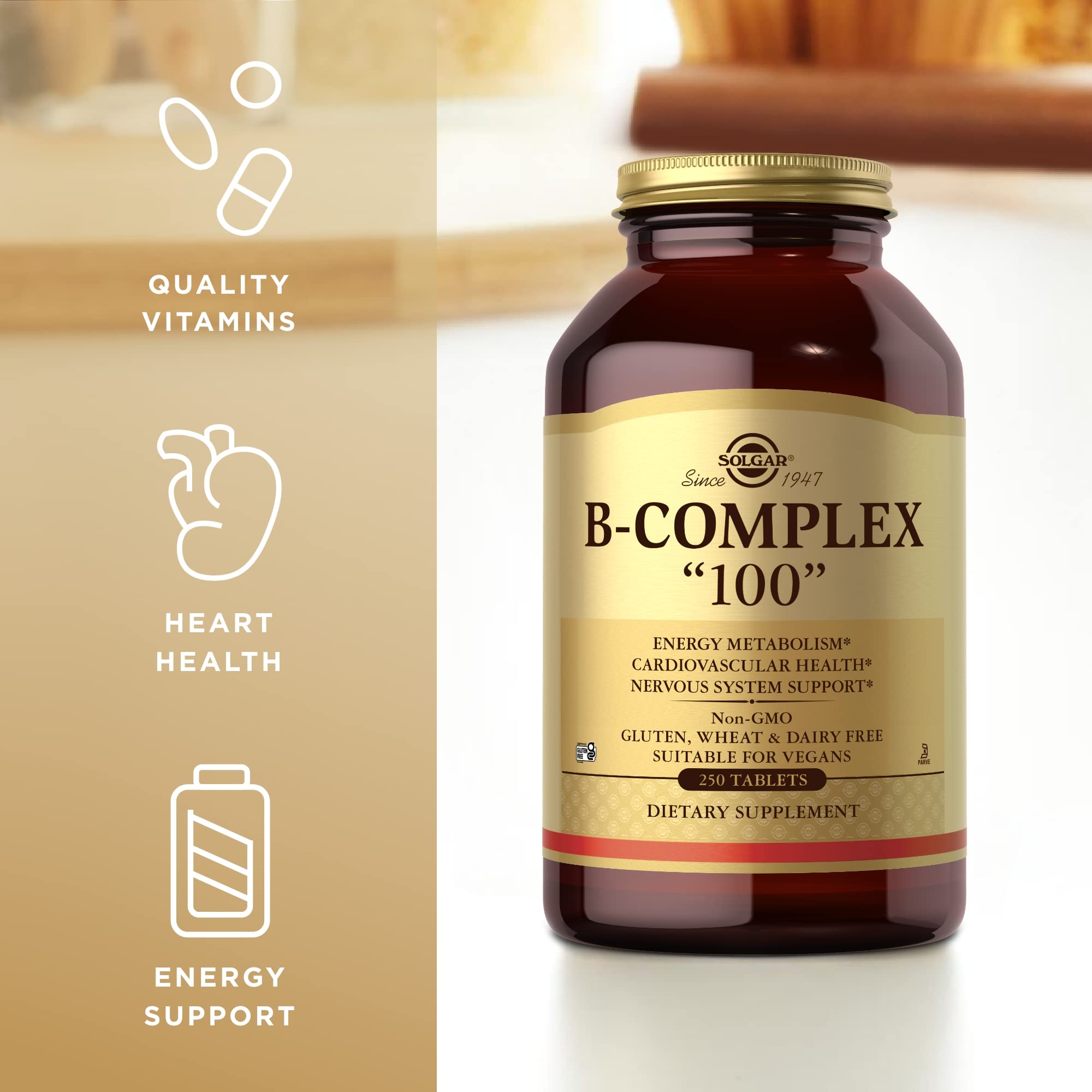 Solgar B-Complex 100 tablets in hand demonstrate convenient daily supplement