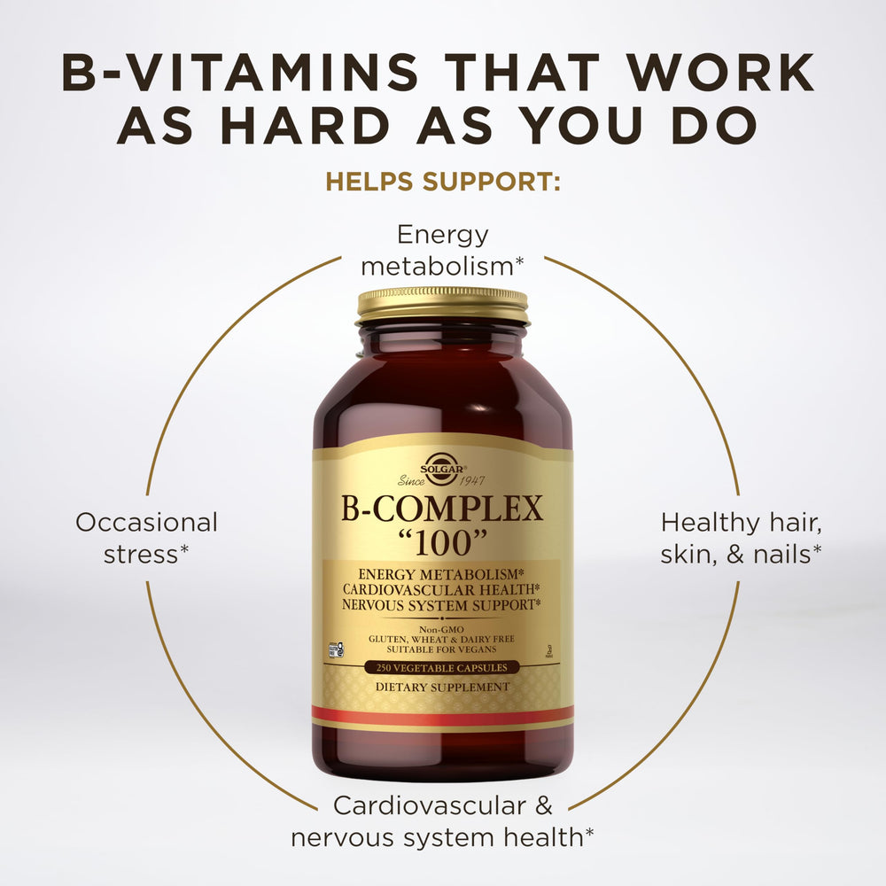 Solgar B-Complex 100 vegan capsules on shelf emphasize clean ingredients.