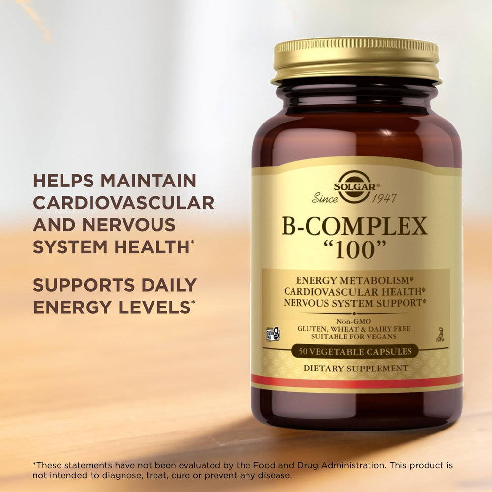Solgar B-Complex 100 vegan non-GMO badge for plant-based diets.
