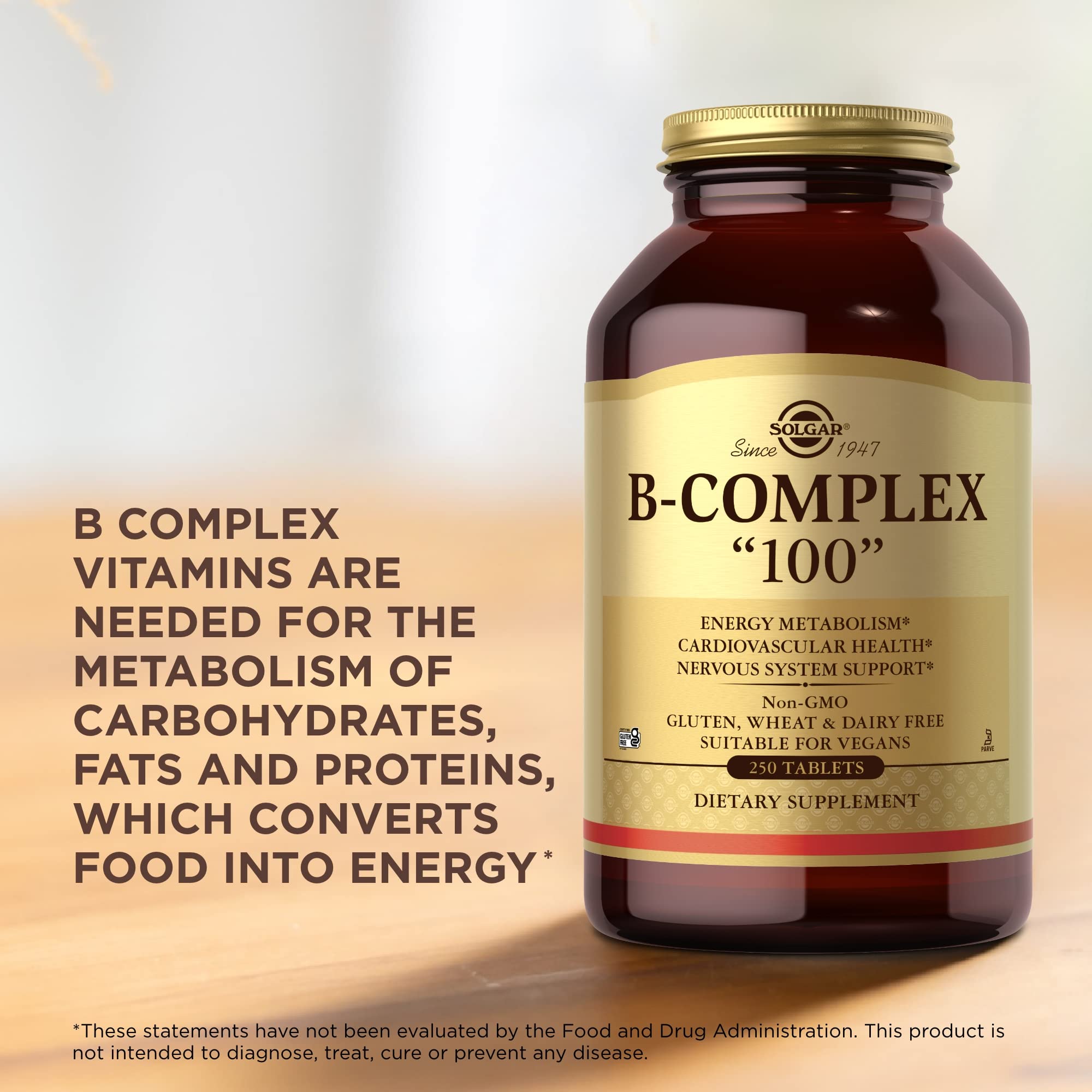Solgar B-Complex 100 vegan symbol signals vegan-friendly nourishment