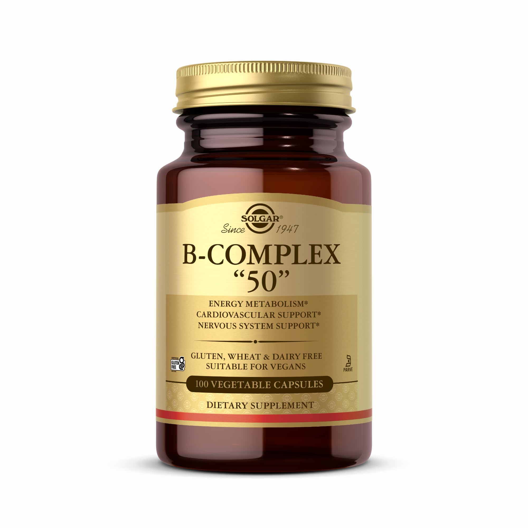 Solgar B-Complex 50 bottle front view with vegan capsules for energy support
