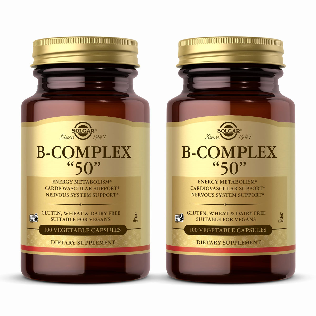 Solgar B-Complex 50 bottle on shelf, supports energy metabolism.