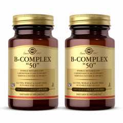 Solgar B-Complex 50 bottle on shelf, supports energy metabolism.