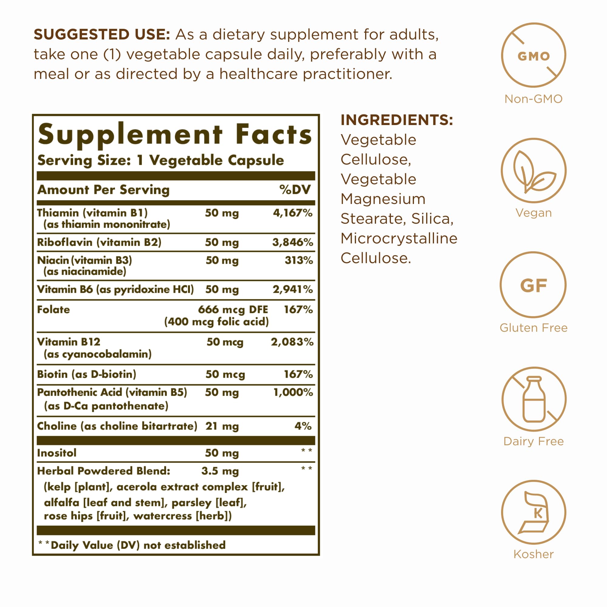 Solgar B-Complex 50 capsules close-up; vegan formula for daily vitality
