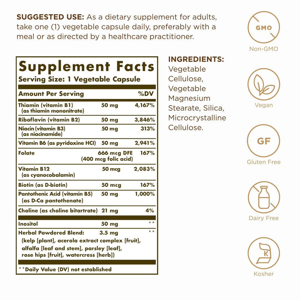 Solgar B-Complex 50 capsules close-up; vegan formula for daily vitality