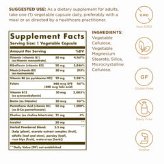 Solgar B-Complex 50 capsules close-up; vegan formula for daily vitality
