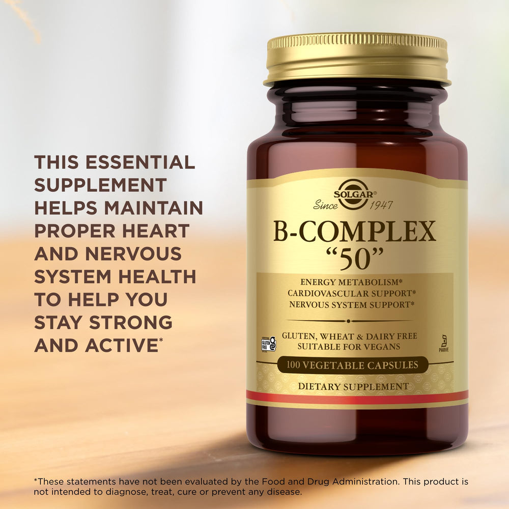 Solgar B-Complex 50 packaging highlighting two bottles and 200 servings.