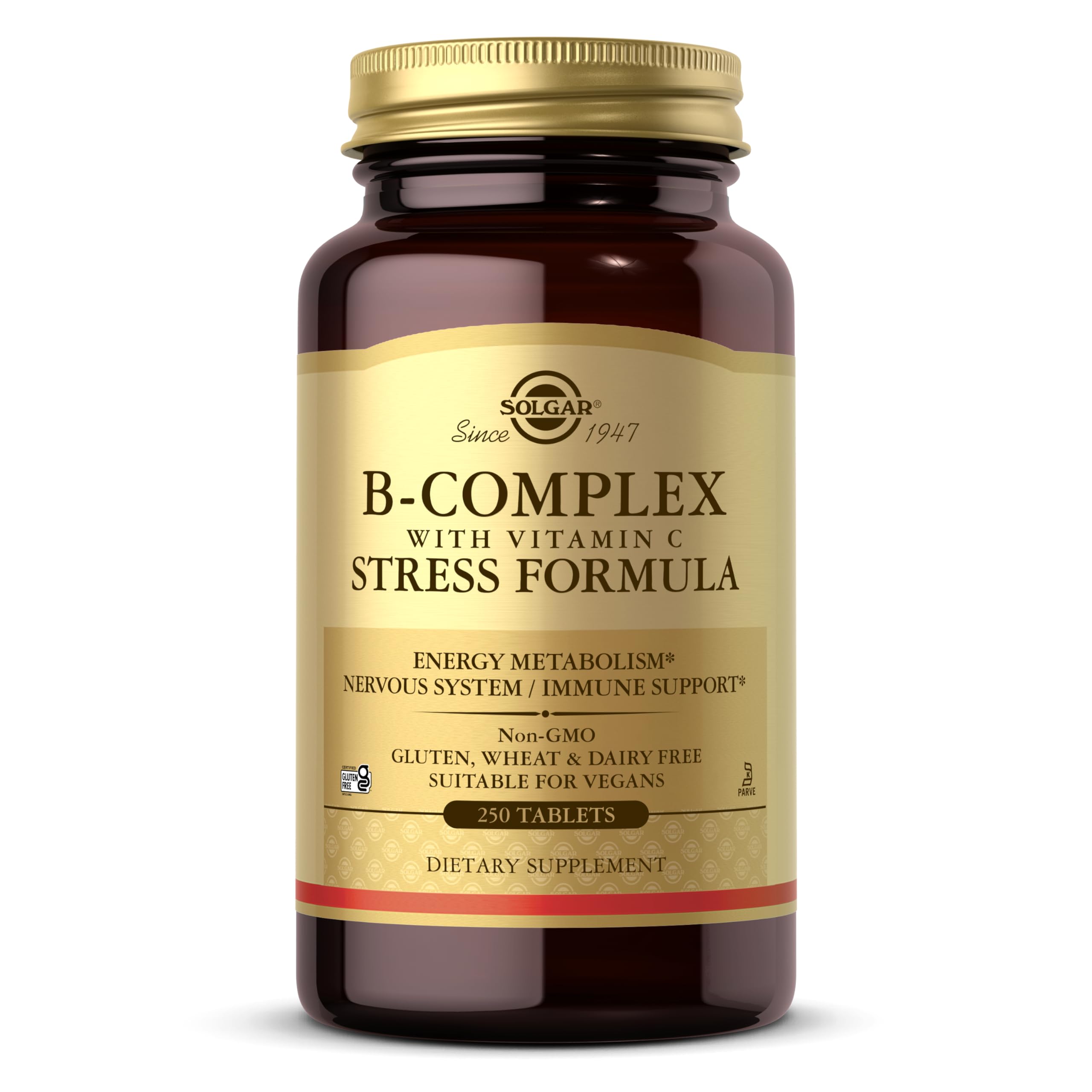 Solgar B-Complex Stress Formula bottle shown for daily energy support and nervous system health