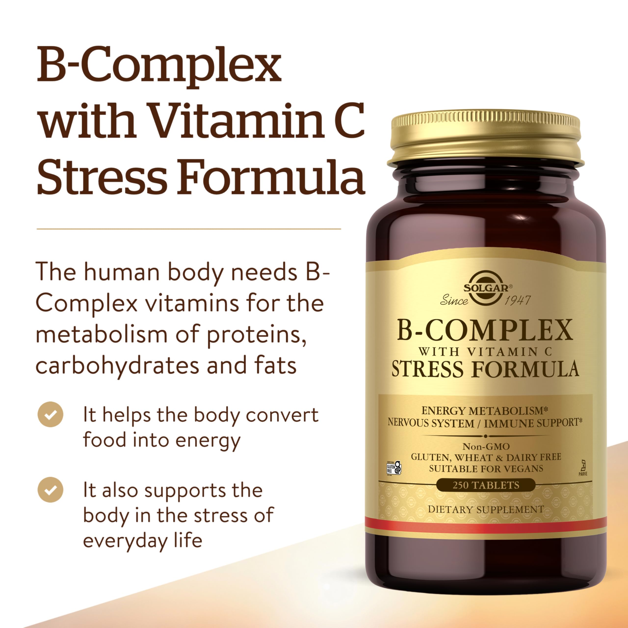 Solgar B-Complex Stress Formula label emphasizes vegan, gluten-free attributes for mindful shoppers