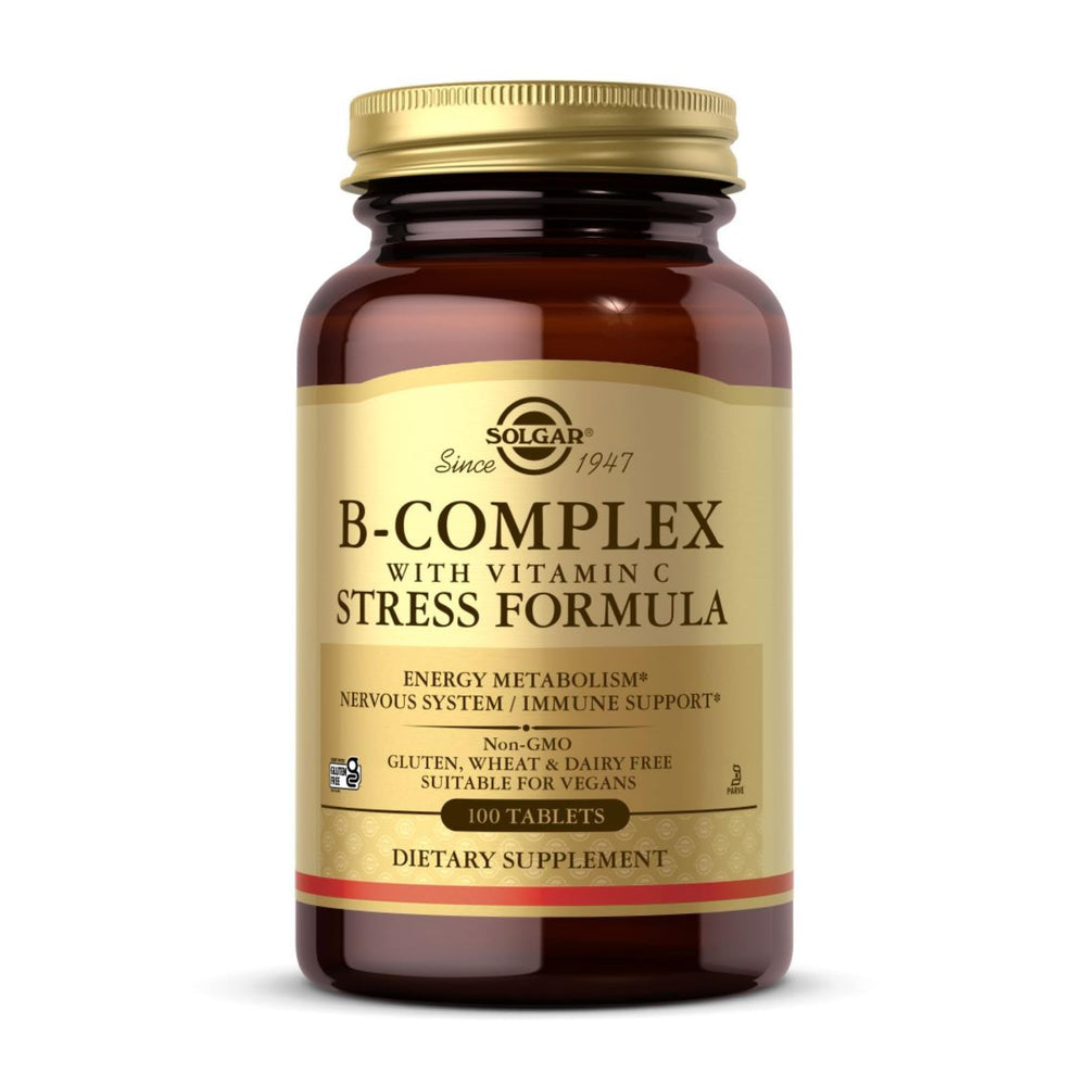 Solgar B-Complex with C Stress Formula bottle label close-up for daily energy support.
