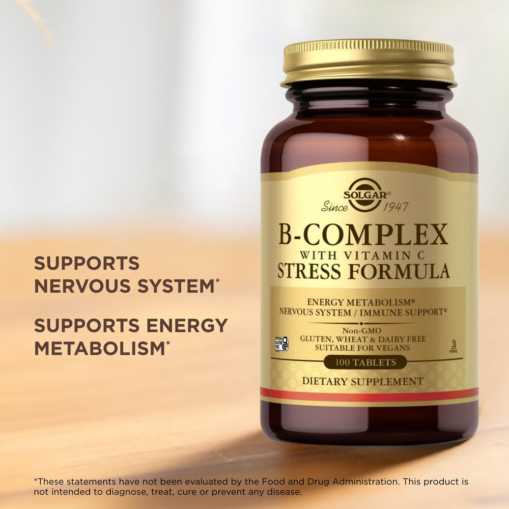 Solgar B-Complex with C Stress Formula bottle with tablets visible for mood and energy.
