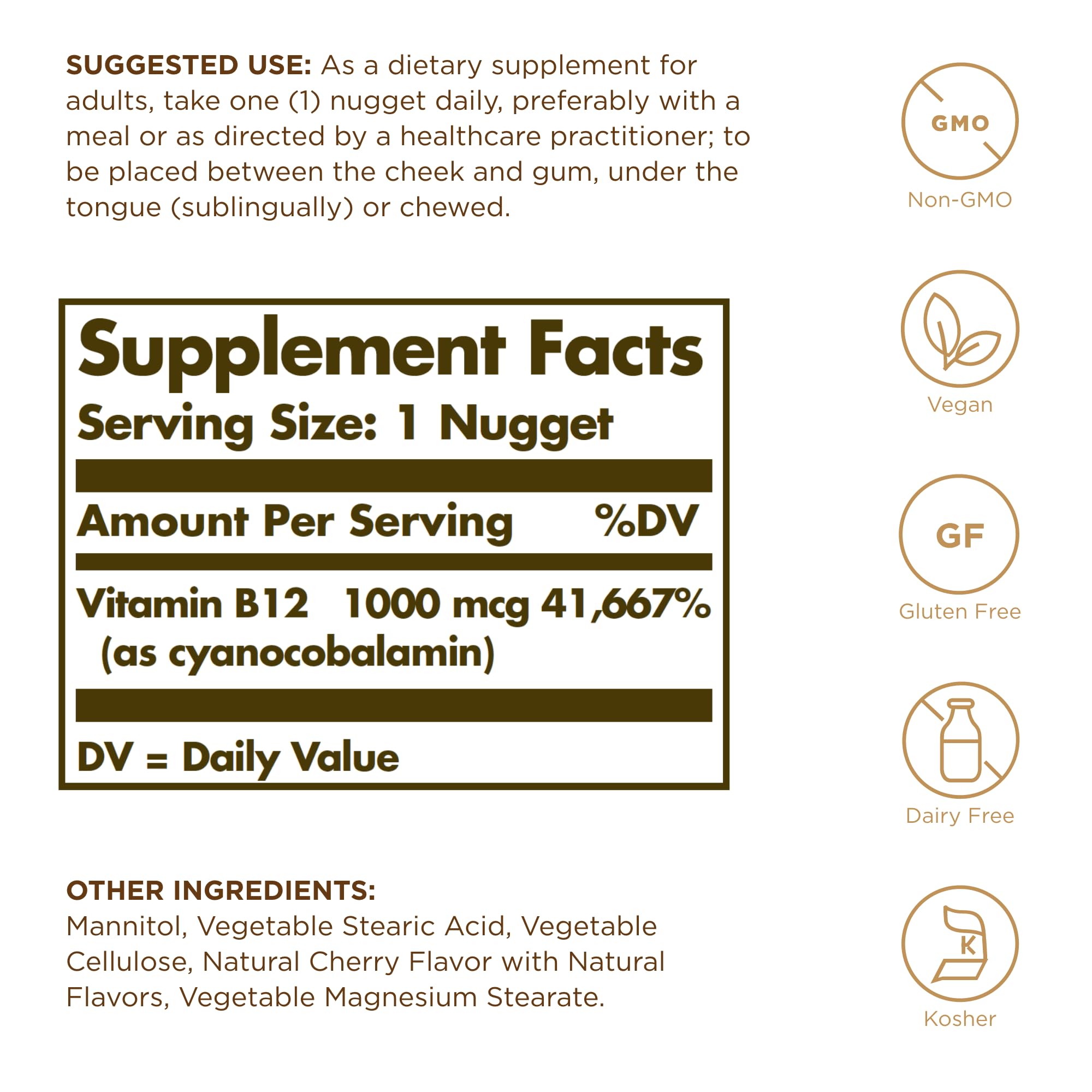 Solgar B12 nuggets close-up highlighting vegan, non-GMO formula